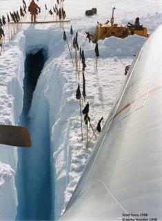looking into the crevasse from the wing