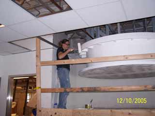all white now... Ceiling framing above the B4 stairway