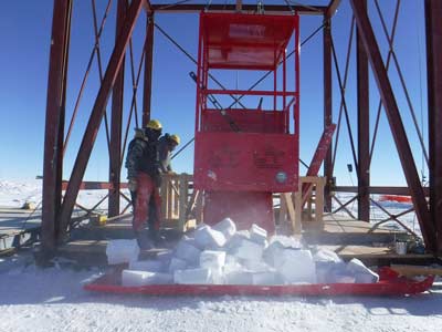 dumping the snow blocks