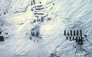 aerial view of the construction camp in 1973-74