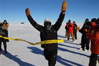 first woman to run a marathon at Pole