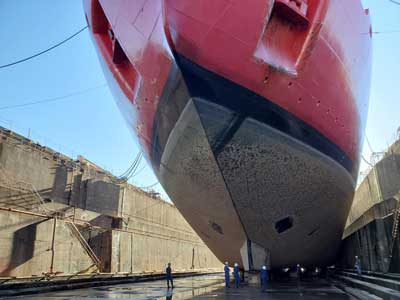 Healy's bow in drydock