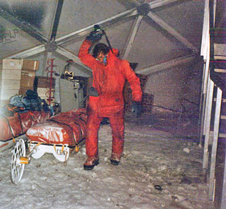Roger Mear removing his goggles