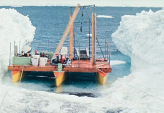 maybe they needed 3 outboards as well as 3 hulls Trimaran at Cape Bird